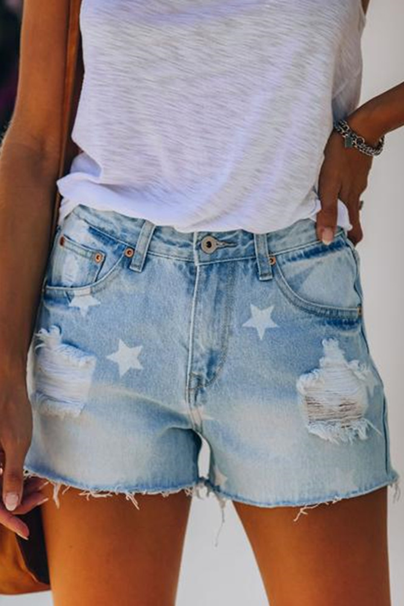 Street Daily Print the Stars Tassel Ripped Make Old Regular Denim Shorts