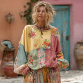 Women's Flower Embroidery Macaroon Color Patchwork Art Crew Neck Casual Sweatshirt elevenforest