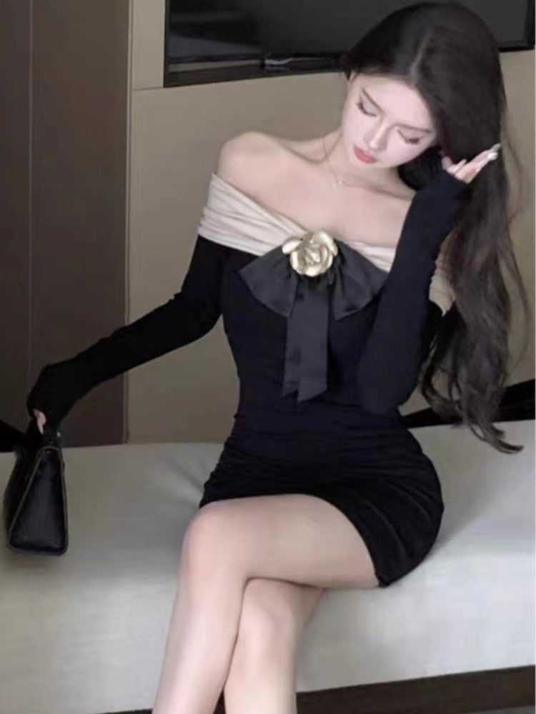 Patchwork Mini Dress Long Sleeves Slash Neck Bodycon Autumn Spring Evening Party Slim Warpped Hip Slim Vestidos Mujer