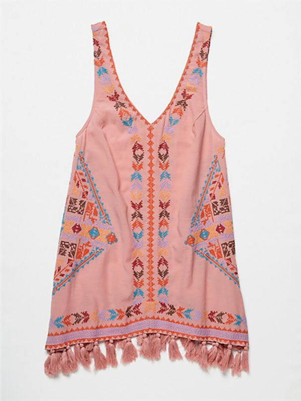 Dress Embroidered Pink V-neck Sleeveless Gypsy Beach Vacation Summer Short Tank Dress for