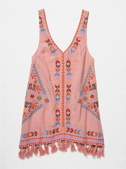 Dress Embroidered Pink V-neck Sleeveless Gypsy Beach Vacation Summer Short Tank Dress for