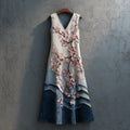 Women's Cherry Blossoms Embroidery And Huge Waves Patchwork Art Linen Midi Dress elevenforest