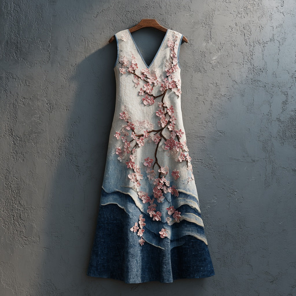 Women's Cherry Blossoms Embroidery And Huge Waves Patchwork Art Linen Midi Dress elevenforest