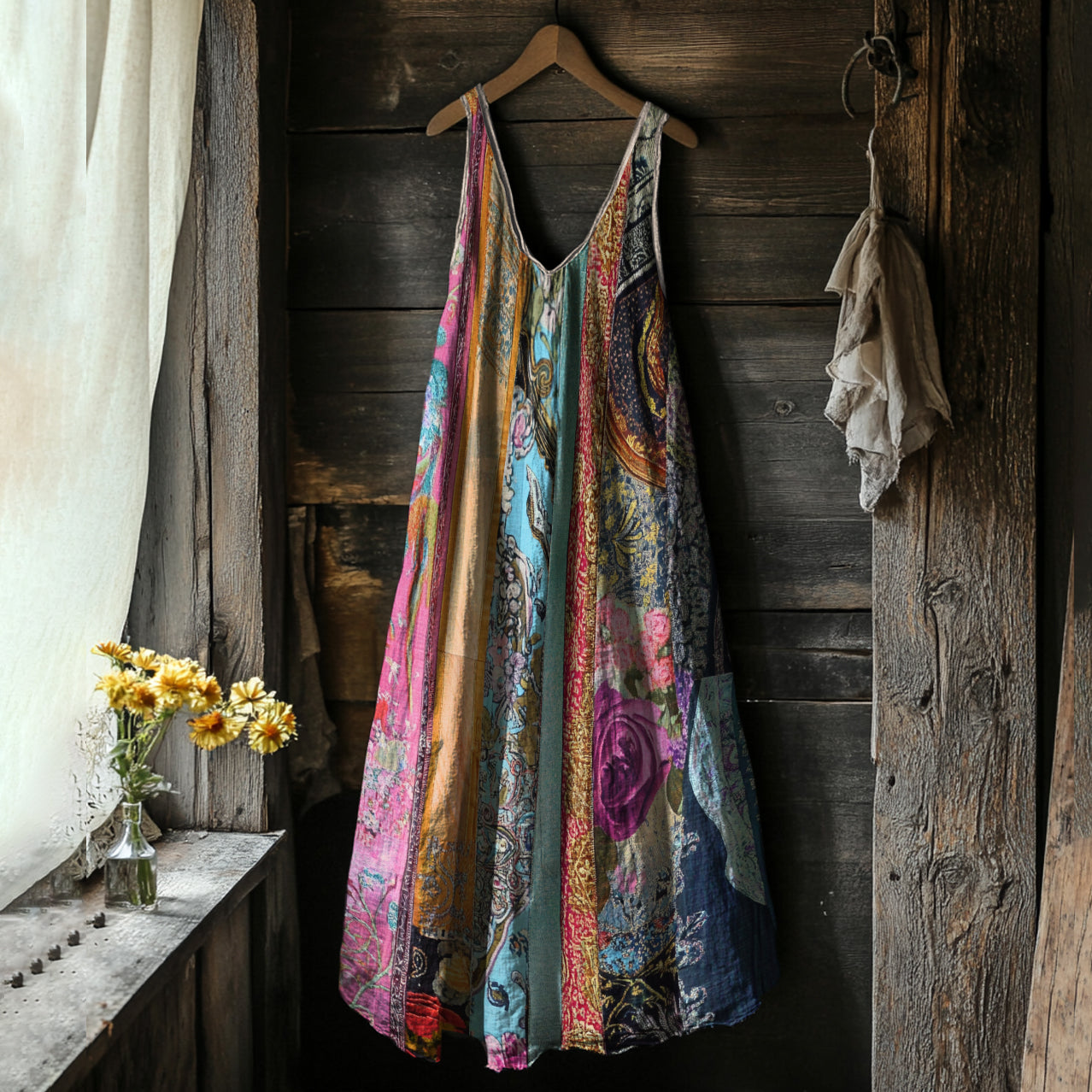 Women's Floral Patchwork Art Linen Tank Dress elevenforest