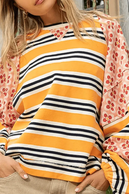 Striped Print Flowers Contrast O Neck Hoodies