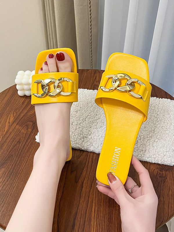 Chains Open Toe Split-joint Square-toe Slippers
