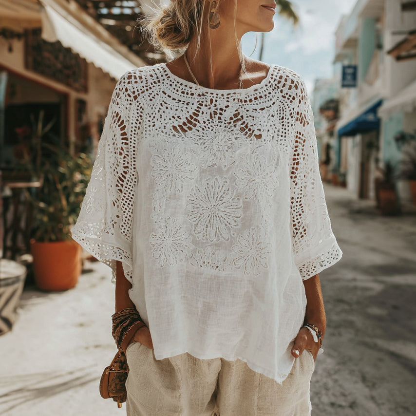 Women's Lace Embroidered Floral Linen Crew Neck T-shirt elevenforest