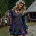 Women's Viking Celtic Knot Art Gradient Comfort Art Linen V Neck Long Sleeve Dress elevenforest