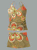 V-Neck Vintage Multicolor Hippie Peace Floral Art Print Suspender Skirt Tankini Pantskirt Set Swimsuit