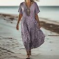 Vintage Floral Print V-neck Short Sleeved Linen Blend Midi Dress elevenforest