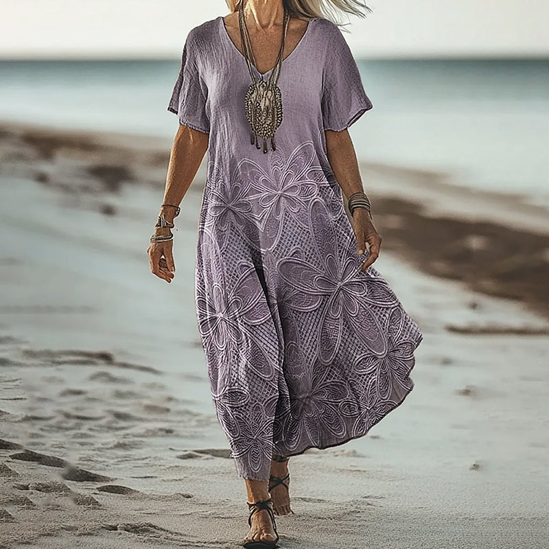 Vintage Floral Print V-neck Short Sleeved Linen Blend Midi Dress elevenforest