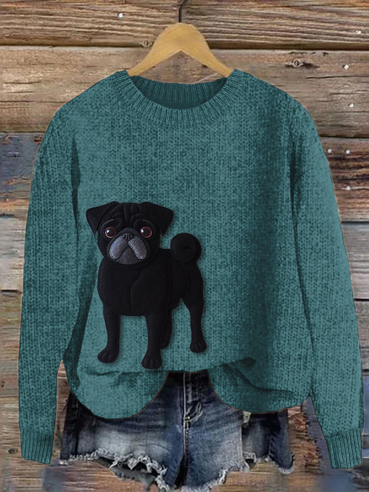 Comstylish Lively Pug Dog Felt Art Cozy Knit Sweater