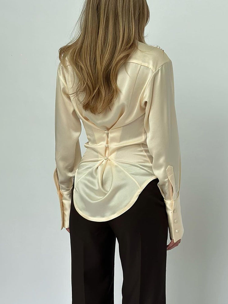 Taruxy Satin Long Sleeve Blouses Back Button Patchwork V Neck Club Party Slim Fit Female Shirt Summer
