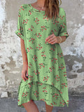 Women's Classic Floral Pattern Round Neck Cotton and Linen Dress