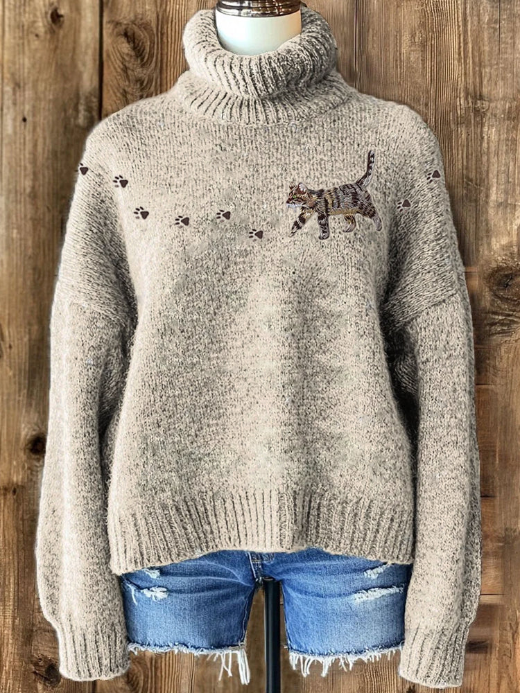 Cat & Paw Prints Yoke Embroidered Cozy Knit Turtleneck Sweater elevenforest
