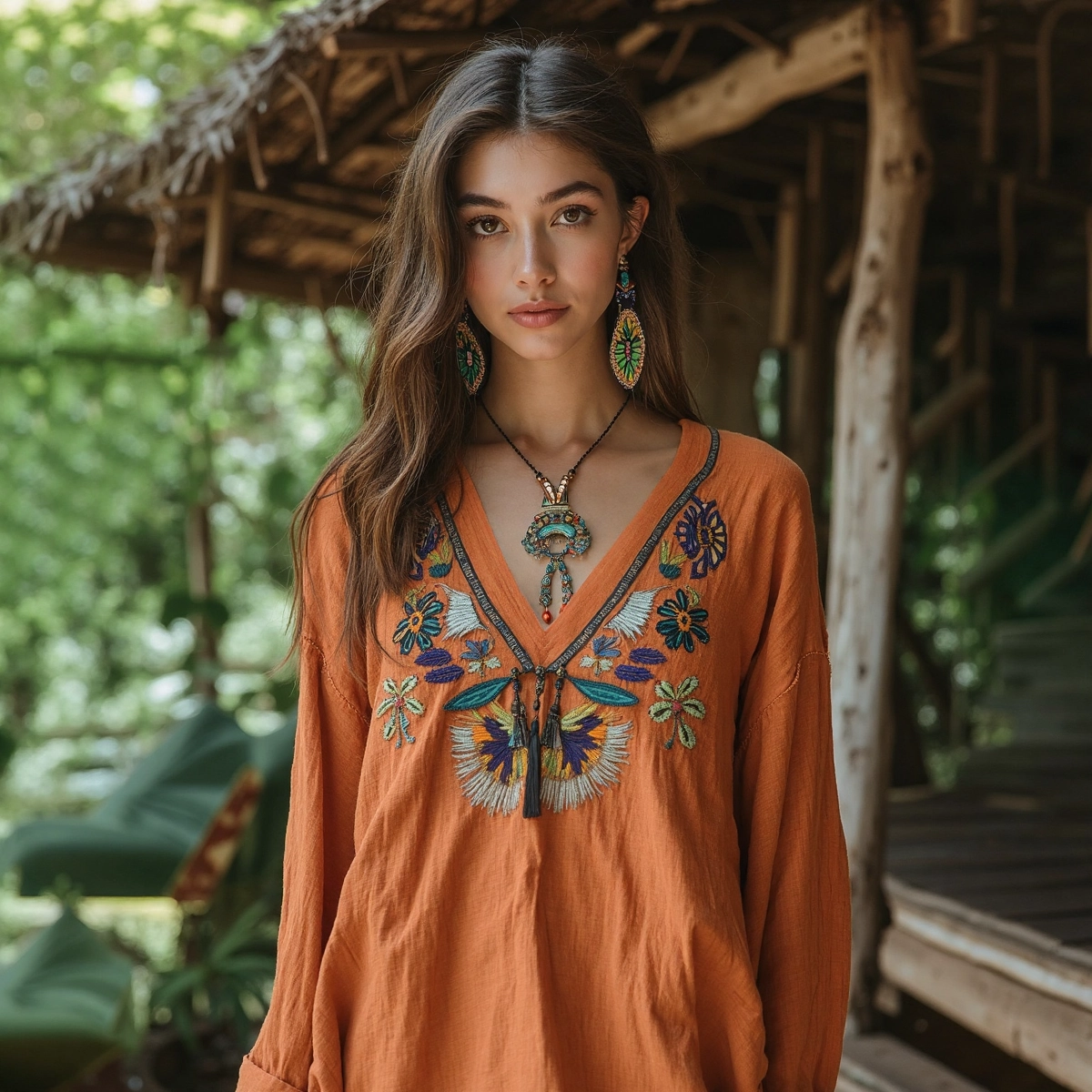 Retro  Floral Tribal Embroidery Print Cotton And Linen Blend Loose Blouse elevenforest