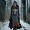 Women's Vintage Celtic Tree Of Life Contrast Hooded Sweater Midi Dress elevenforest