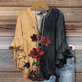 Women's Retro Rose Flower Art Print Casual Cotton And Linen Shirt