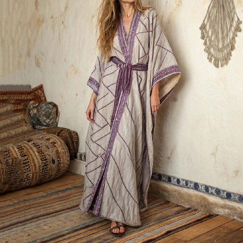 Women's Vintage Line Art  Linen V-neck Robe elevenforest