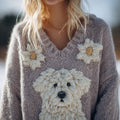 Comstylish Cute Floral Dog Embroidered V Neck Cozy Sweater