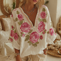 Women's Vintage Floral Embroidery Art V-neck T-shirt elevenforest