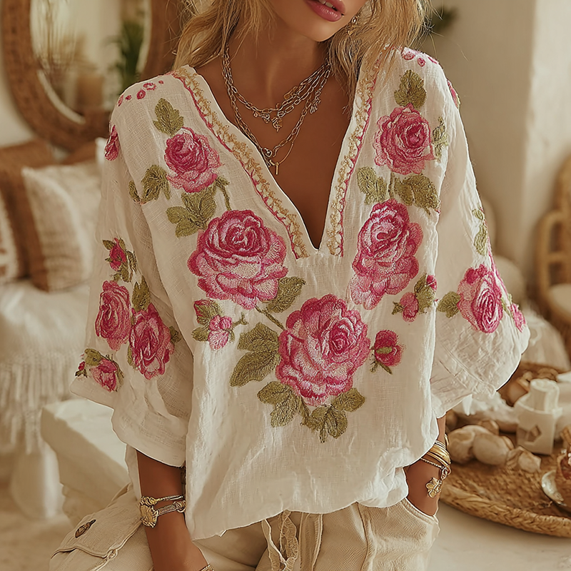 Women's Vintage Floral Embroidery Art V-neck T-shirt elevenforest