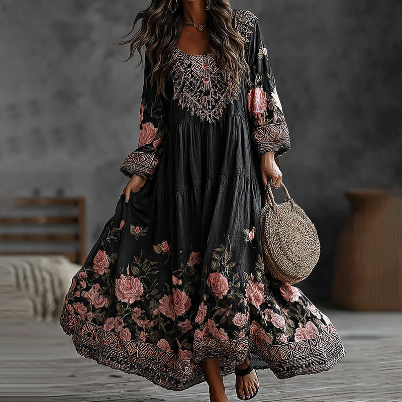 Women's Floral Art Flowy Linen Blend Casual Long Sleeve Maxi Dress elevenforest
