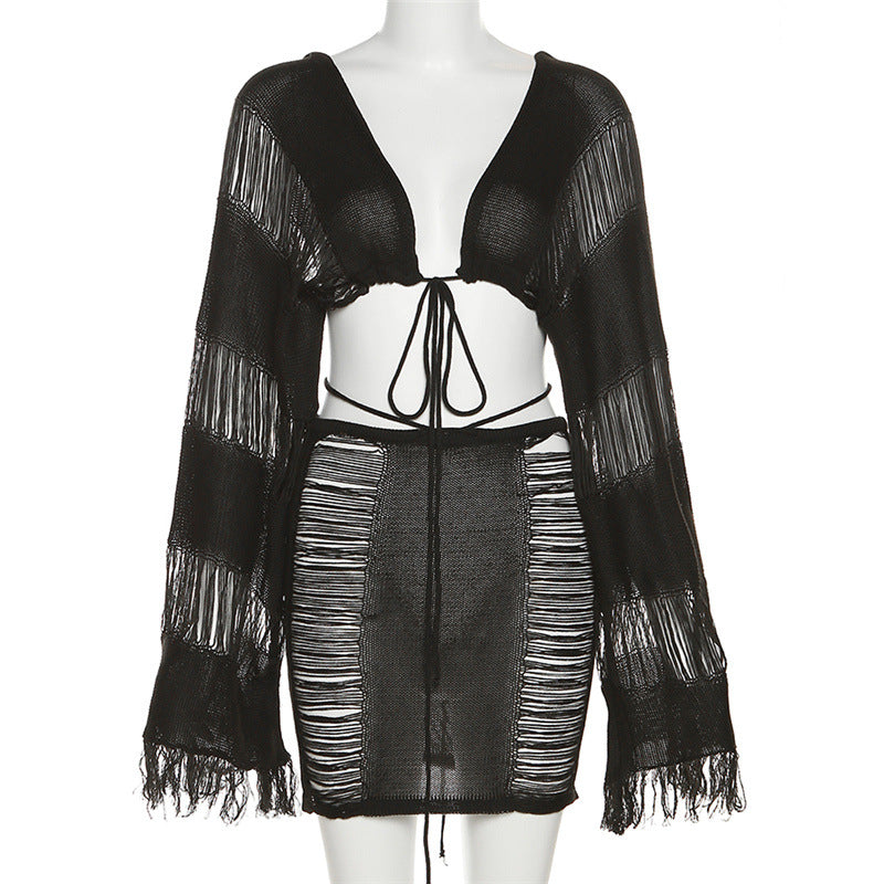 Spring Clothing Color Long Sleeve Lace Up Cardigan Loose Fitting Tassel Top for