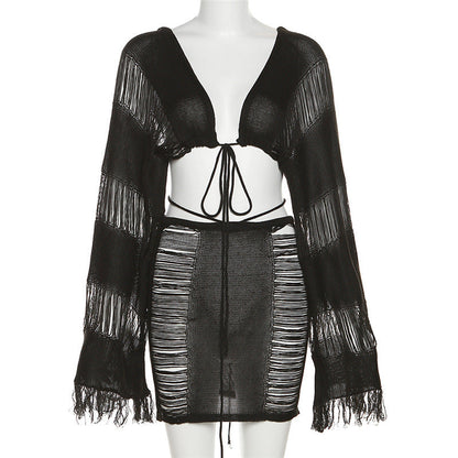 Spring Clothing Color Long Sleeve Lace Up Cardigan Loose Fitting Tassel Top for