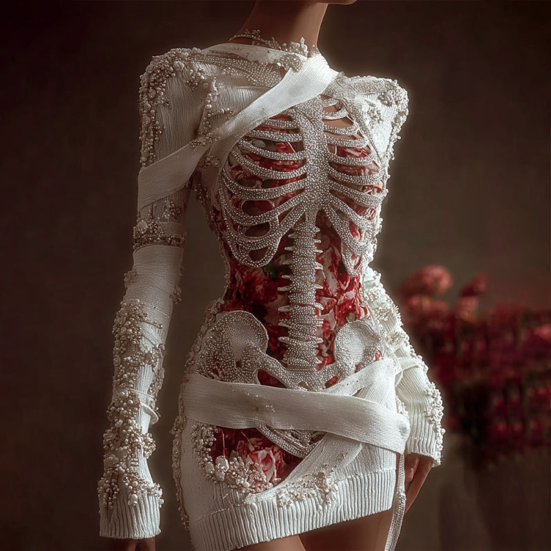 Women's Vintage Skeleton Bones With Rose Art Cozy Knit Mini Sweater Dress artswardrobe