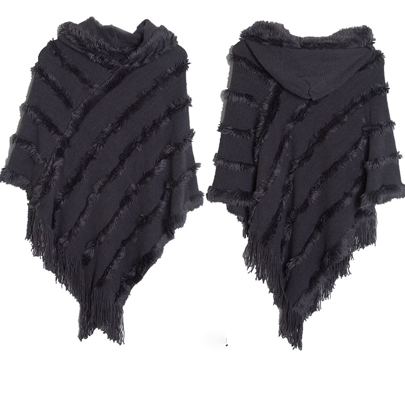 Vintage Solid Fringed Hooded Sweater Pullover Shawl elevenforest