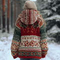 Comstylish Women's Retro Christmas Printed Winter Warmth Knit Hooded Sweater Coat