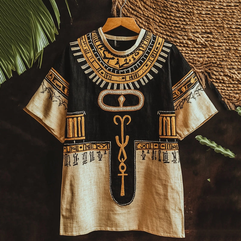 Vintage Egyptian Rune Embroidered Contrast Linen Shirt elevenforest