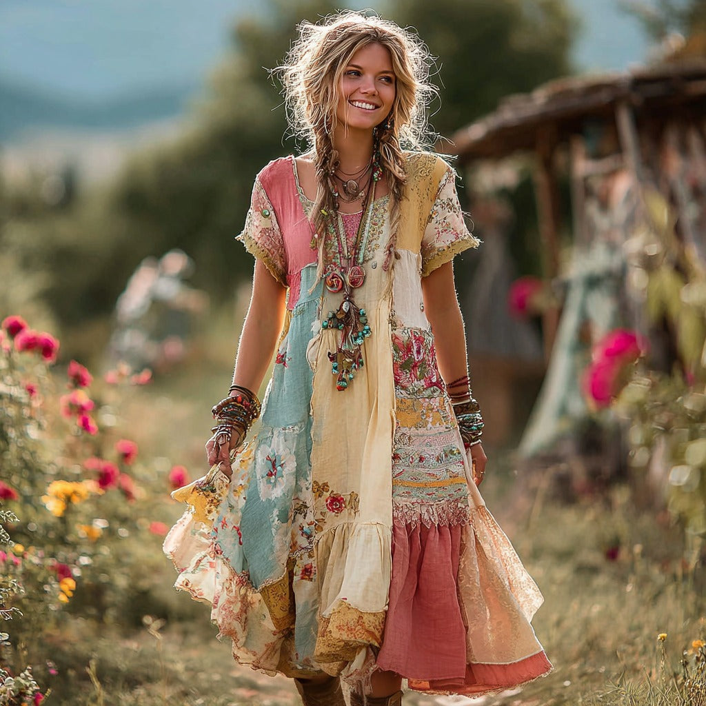 Women's Vintage Bohemian Floral Patchwork Round Neck Dress elevenforest