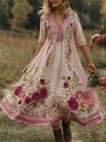 Classy Gradient Pink Roses And Striped  Embroidered Linen Maxi Dress elevenforest