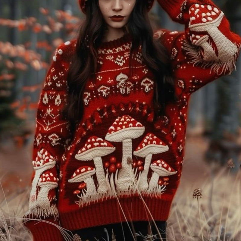 Comstylish Vintage Mushroom Art Chunky Knitted Sweater