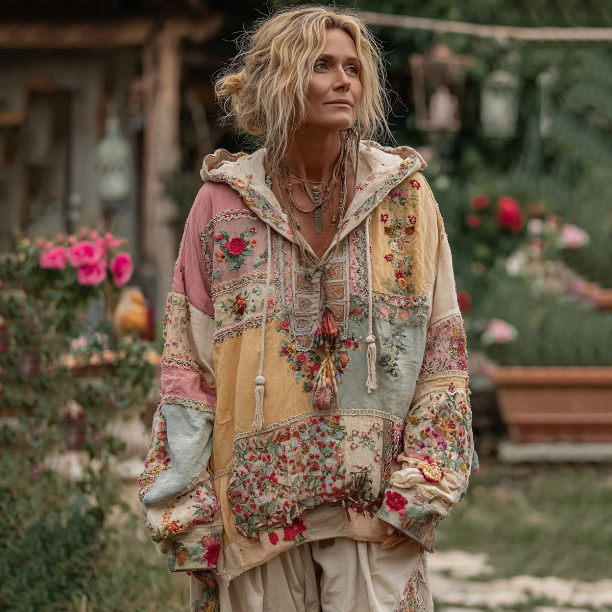 Women's Bohemian Floral Patchwork Cozy Warm Hoodie elevenforest