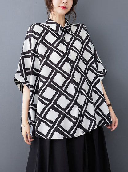 Batwing Sleeves High-low Buttoned Plaid Printed Lapel Blouses&shirts Tops