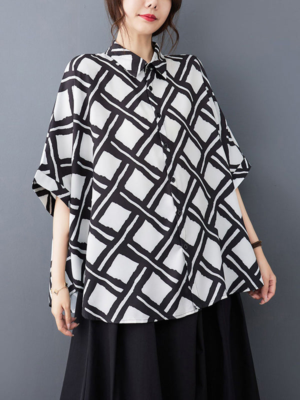 Batwing Sleeves High-low Buttoned Plaid Printed Lapel Blouses&shirts Tops