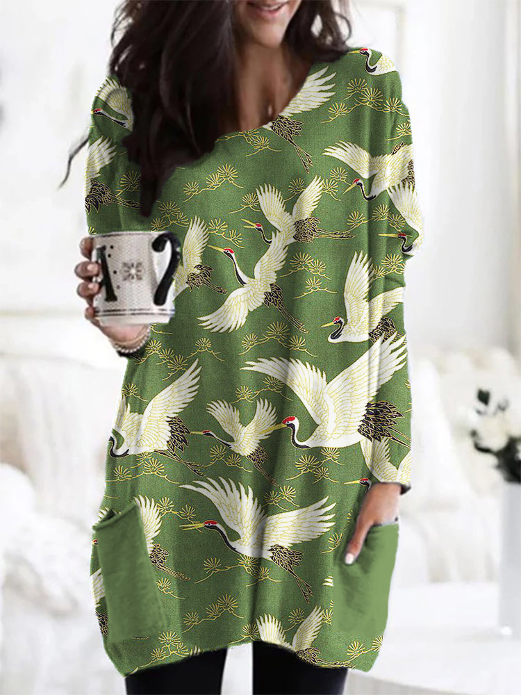 Cranes & Pine Trees Japanese Traditional Pattern Cozy Tunic elevenforest