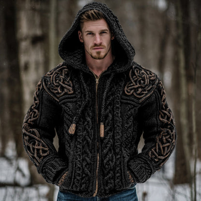 Men's Vintage Viking Celtic Knot Art Chunky Knit Hooded Zip-up Sweater artswardrobe