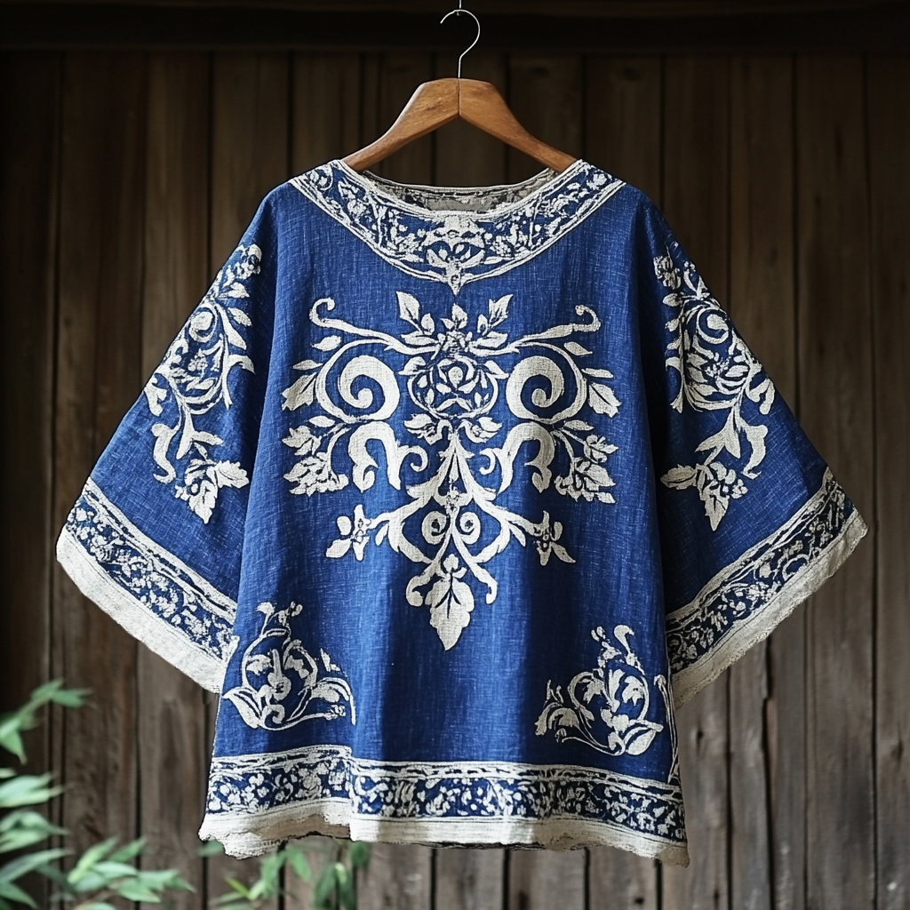 Vintage Baroque Print Crew Neck Linen Blend Casual T-shirt elevenforest