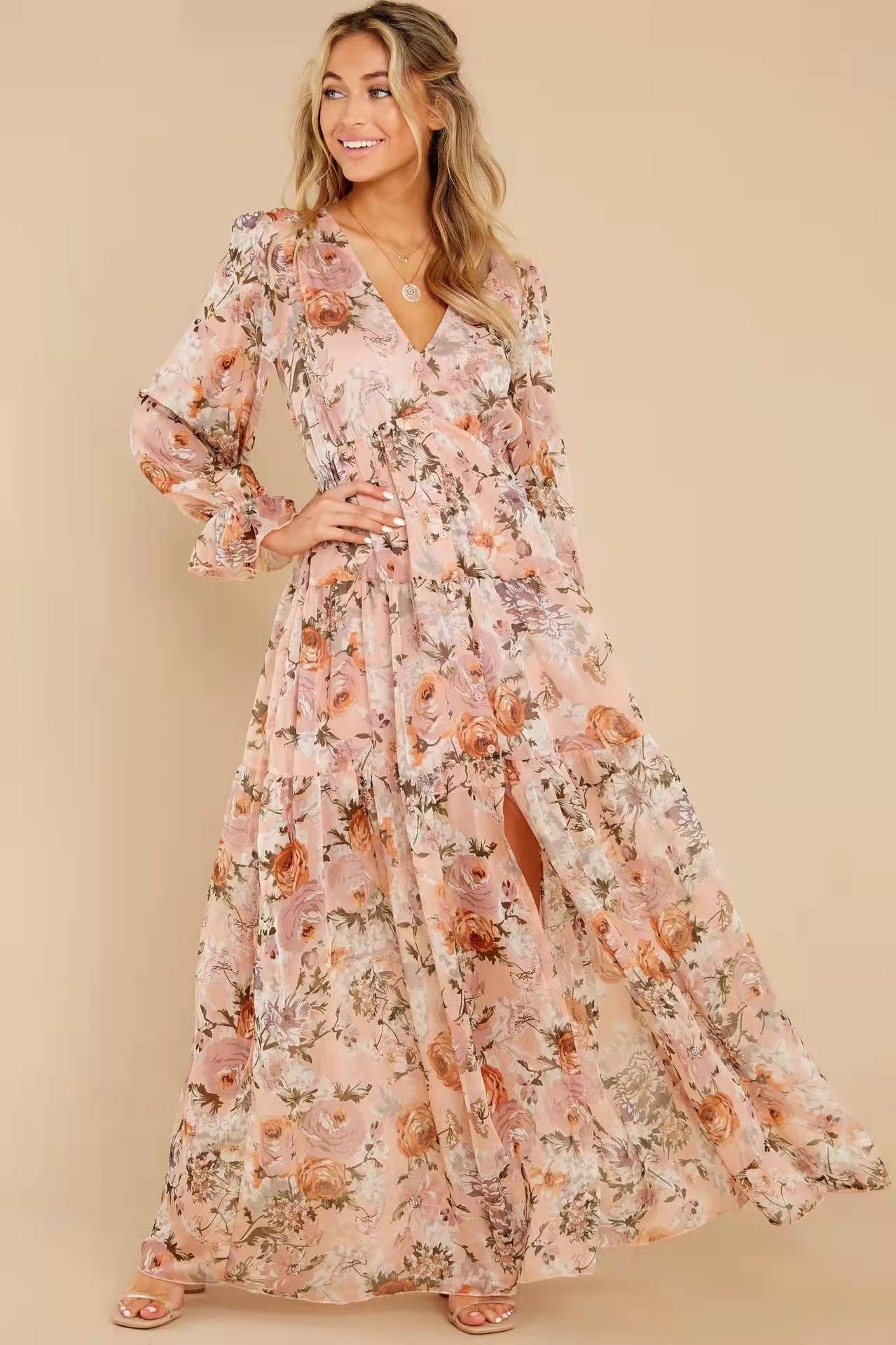 Puff Sleeve V-neck Ruffle Hem Maxi Dress