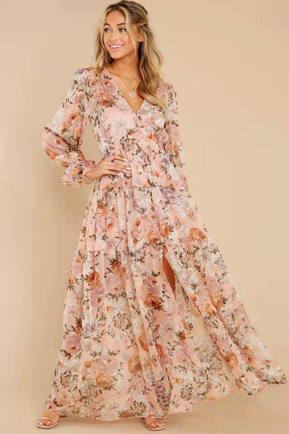 Puff Sleeve V-neck Ruffle Hem Maxi Dress
