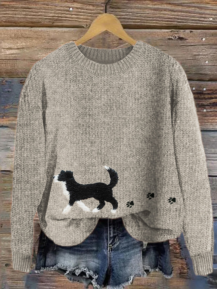 Comstylish Border Collie & Paw Prints Embroidered Cozy Sweater