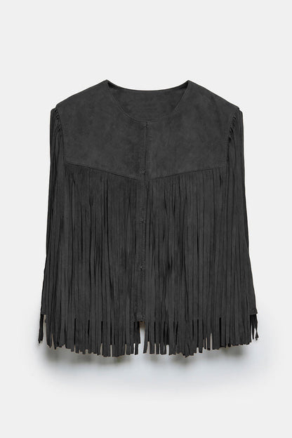 Street Color Fringed Trim O Neck Waistcoats
