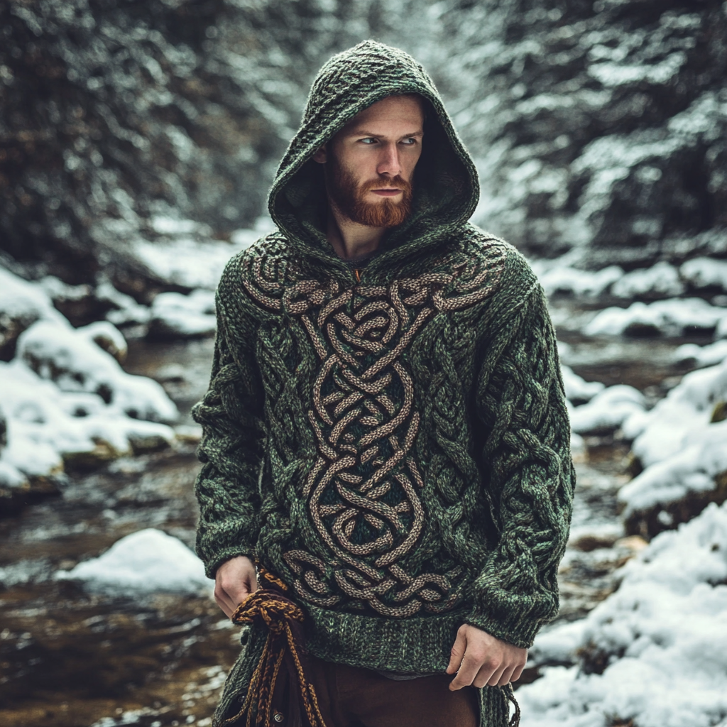 Men's Irish Celtic Knot Jacquard Mottled Hooded Sweater elevenforest