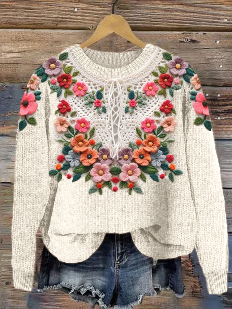 Colorful Floral Embroidery Art Cozy Knit Sweater artswardrobe