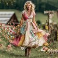 Women's Vintage Boho Floral Art Patchwork Comfy Maxi Dress elevenforest