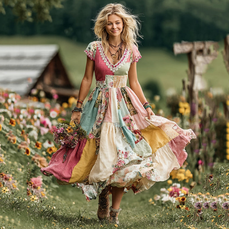 Women's Vintage Boho Floral Art Patchwork Comfy Maxi Dress elevenforest
